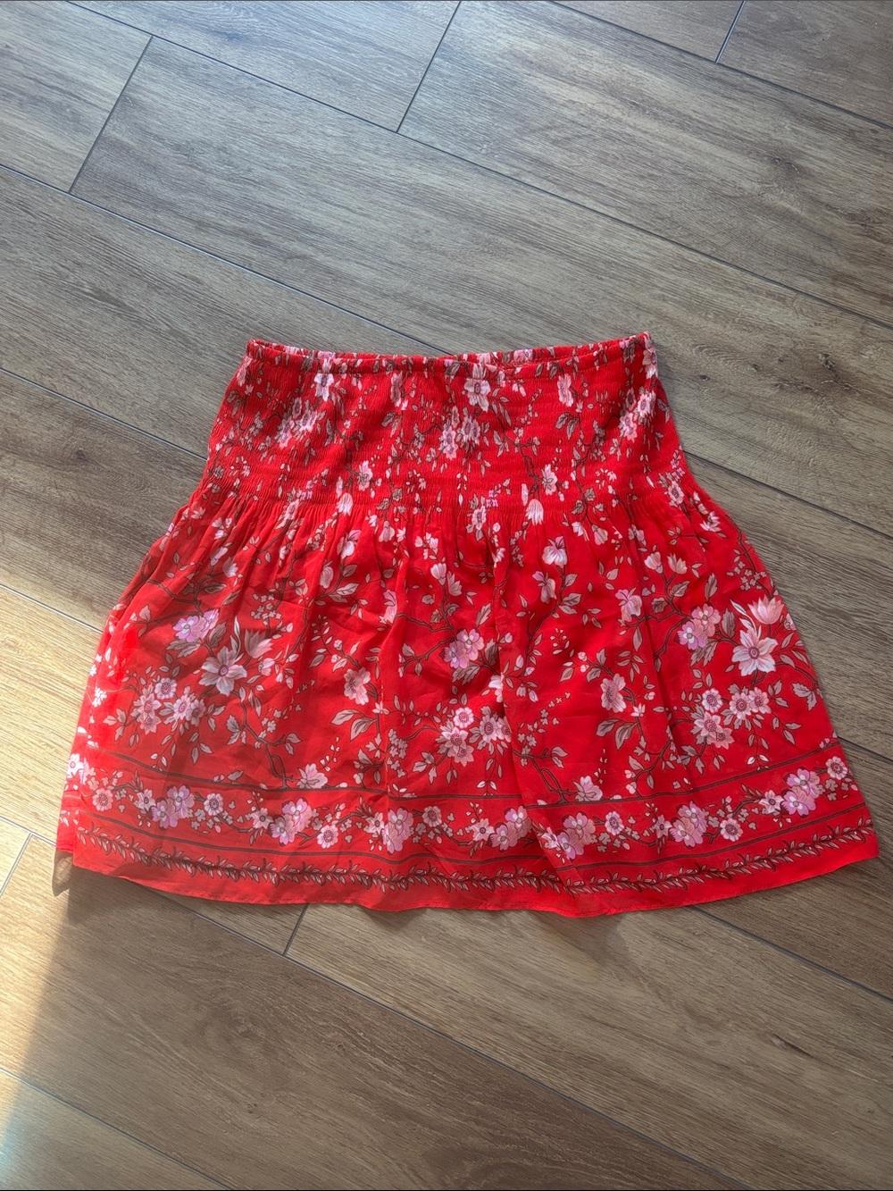 Max Studio Red Floral Smocked Mini Skirt with Pink Accents